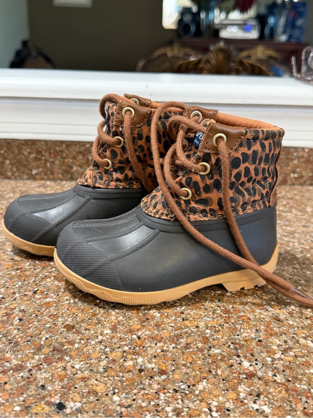 Sperry Kids Leopard-Print Duck Boots in Black and Brown